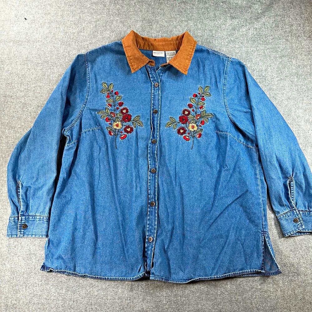 White Stag Women’s Plus 18W Denim Button-Up Long Sleeve Floral Embroidered